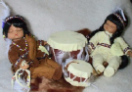 Two (2) - 7''  Porcelain Sleepy Indian DOLLs On Rug (5 Piece)